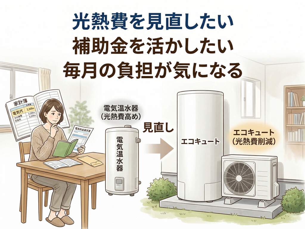 電気温水器からエコキュートへ交換する人が、光熱費や補助金をきっかけに見直していることを示した説明画像