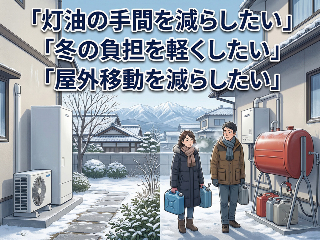 石油給湯器からエコキュートへ交換する人が、灯油の手間や冬の負担を減らしたいと考えていることを示した説明画像