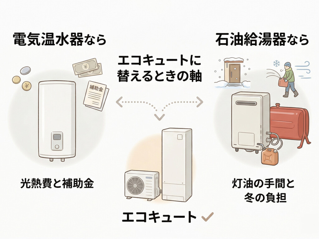 今の給湯器が電気温水器か石油給湯器かで、エコキュートへの交換理由の見方が変わることを整理した比較画像