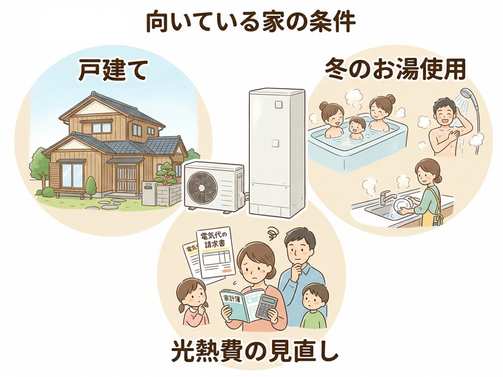 エコキュートが向いている家の条件を、戸建て、冬のお湯使用、光熱費の見直しの3つで整理した説明イラスト