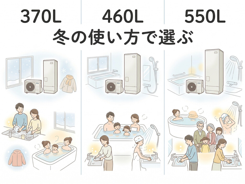エコキュートの容量を370L、460L、550Lで比較しながら、冬の使い方で選ぶ考え方を示したイラスト