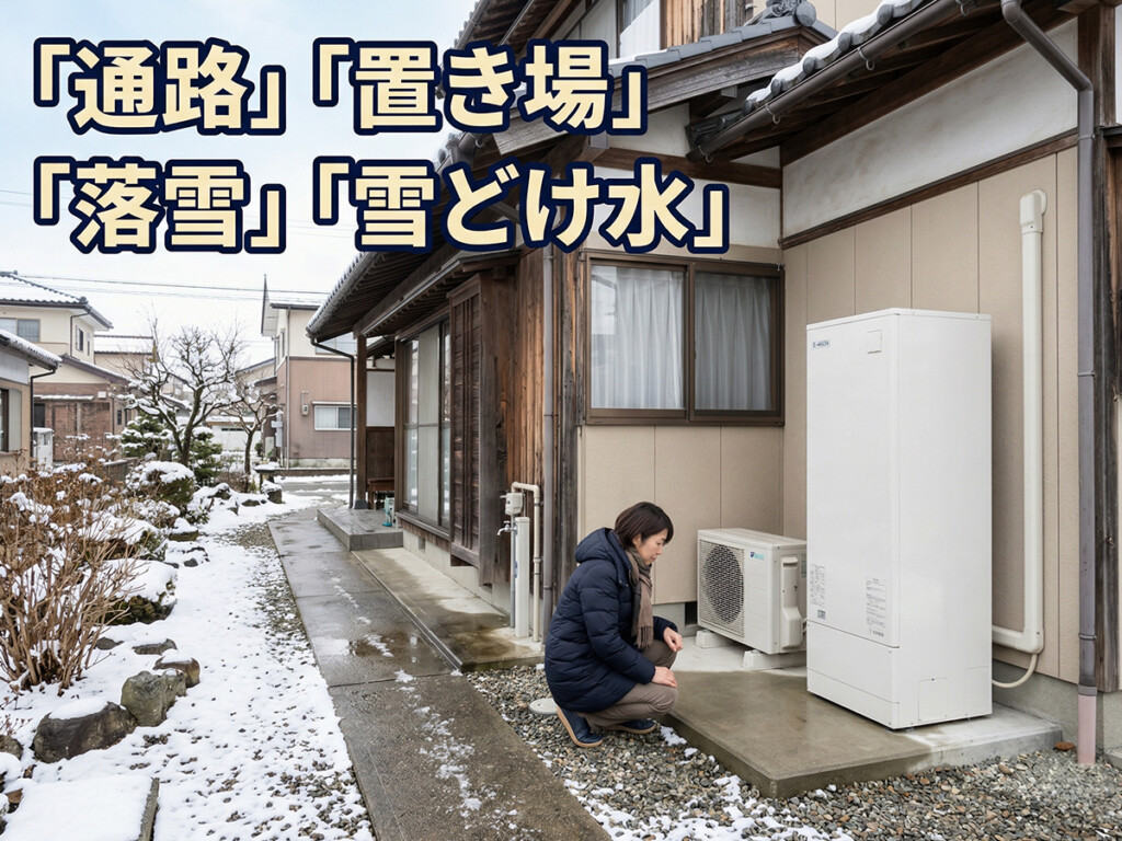 富山県の戸建て住宅で、通路、置き場、落雪、雪どけ水を見ながらエコキュート設置条件を確認する説明画像