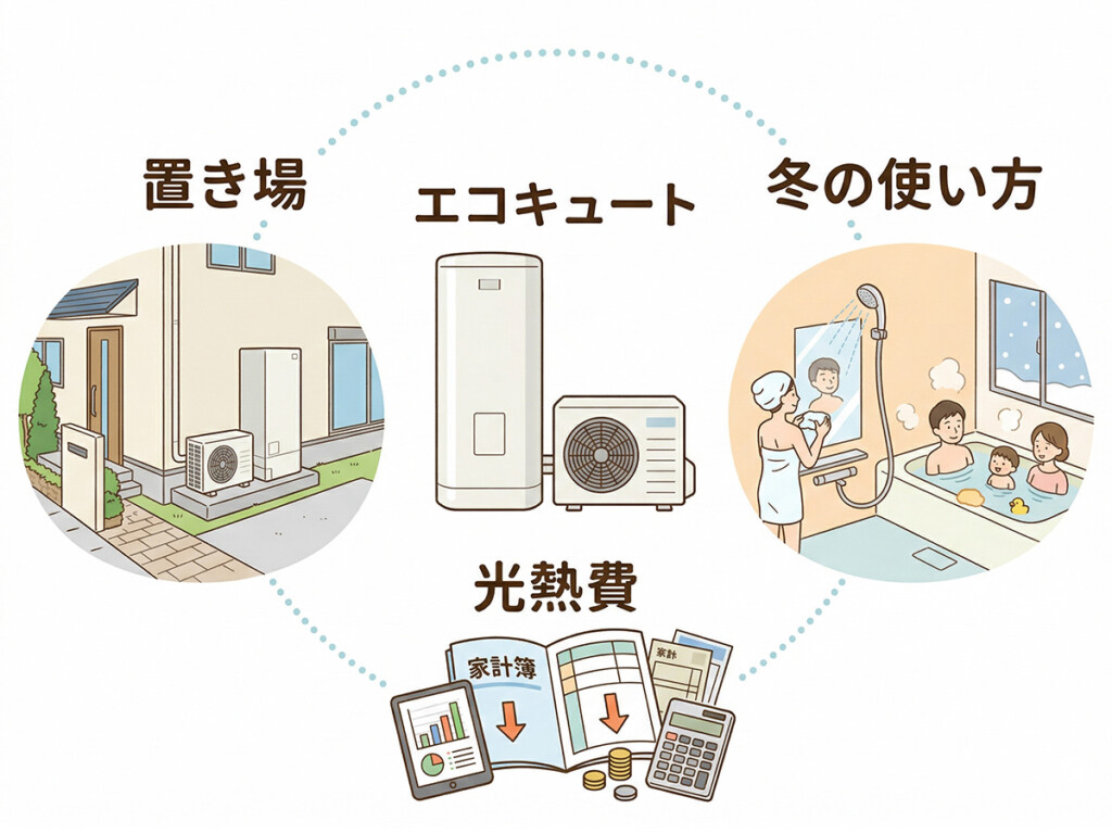 エコキュートが向いている家かどうかを、置き場、冬の使い方、光熱費の3つで整理した説明画像