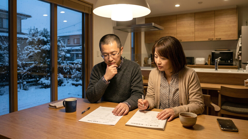 エコキュートの費用を室内で考えている夫婦のイメージ