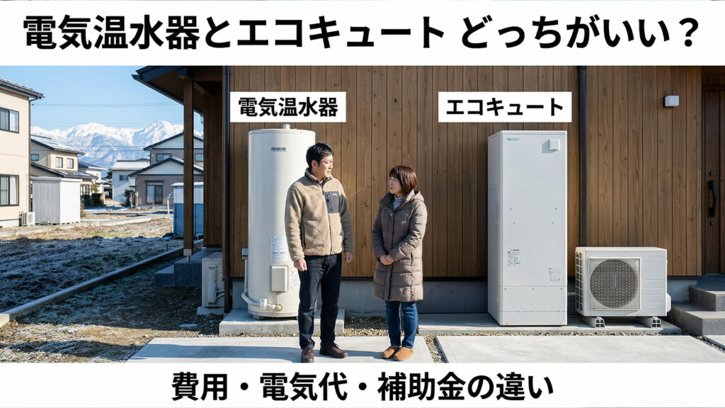 電気温水器とエコキュートを屋外で見比べているイメージ
