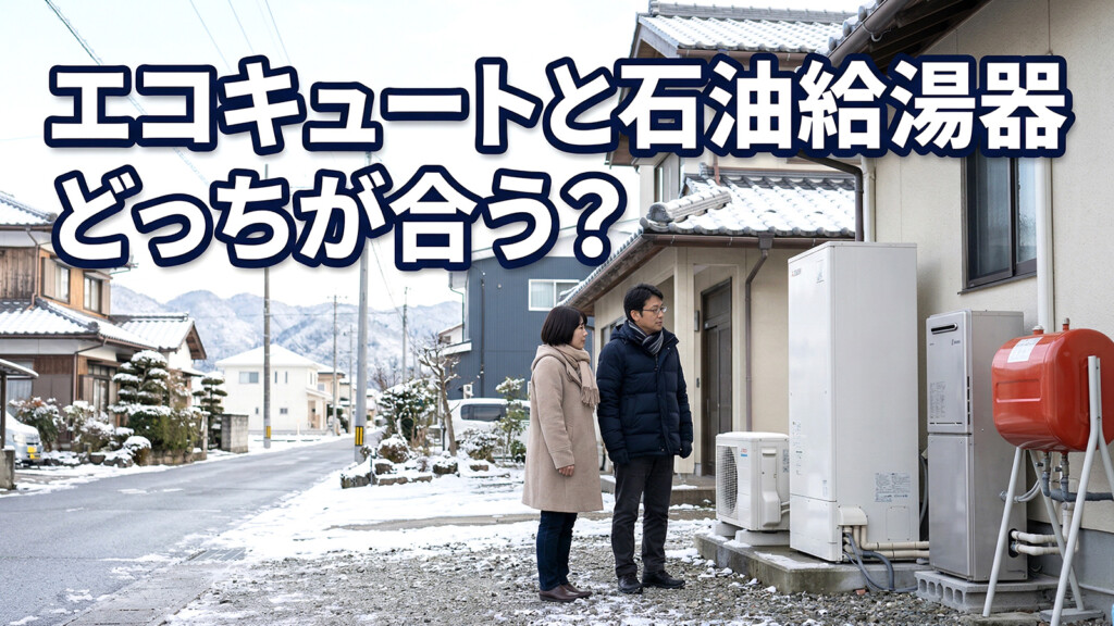 富山県の戸建て住宅でエコキュートと石油給湯器のどちらにするか迷うご夫婦のイメージ