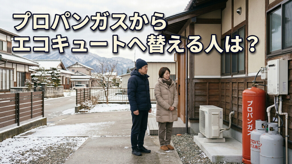 富山県の雪が少し残る戸建て住宅で、プロパンガスからエコキュートへの切り替えを考える夫婦を表現したアイキャッチ画像