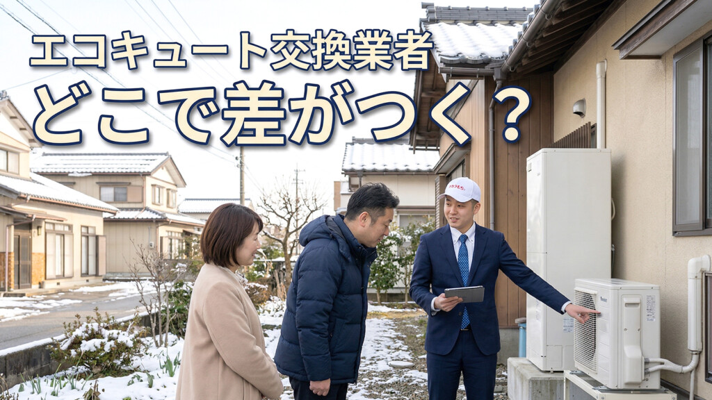 富山県の雪が少し残る戸建て住宅で、エコキュート交換の現地確認を受ける夫婦を表現したアイキャッチ画像