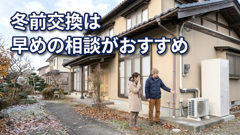 富山県の冬前の戸建て住宅で、エコキュート交換を早めに検討している夫婦を表現したアイキャッチ画像
