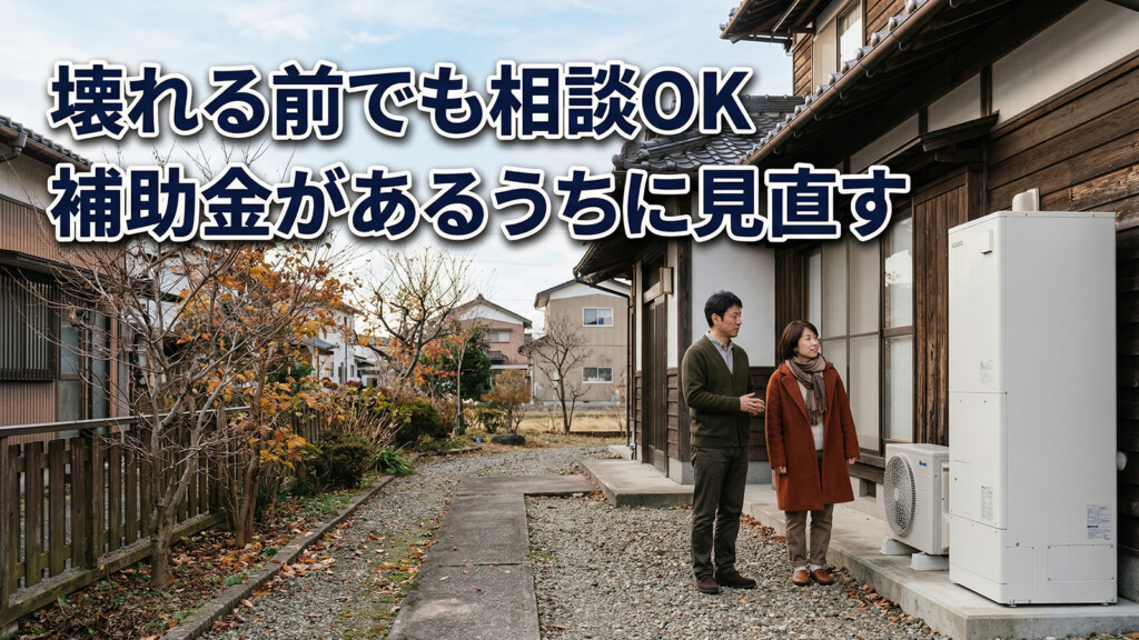 富山県の戸建て住宅で、まだ使えているエコキュートを補助金があるうちに見直そうとしている夫婦を表現したアイキャッチ画像