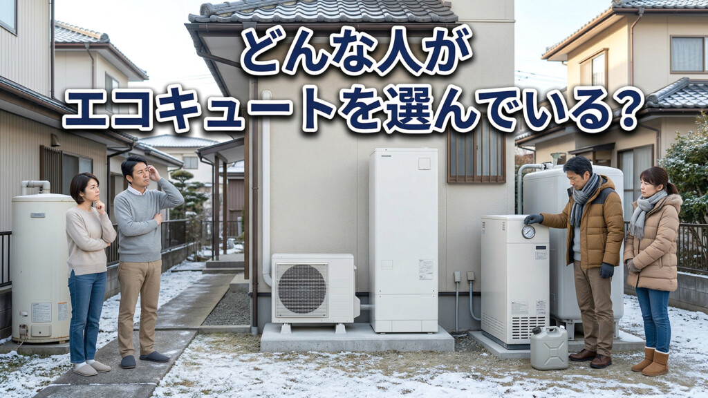 富山県の戸建て住宅で、電気温水器や石油給湯器を使う人がエコキュートへの交換を考えている様子を表したアイキャッチ画像