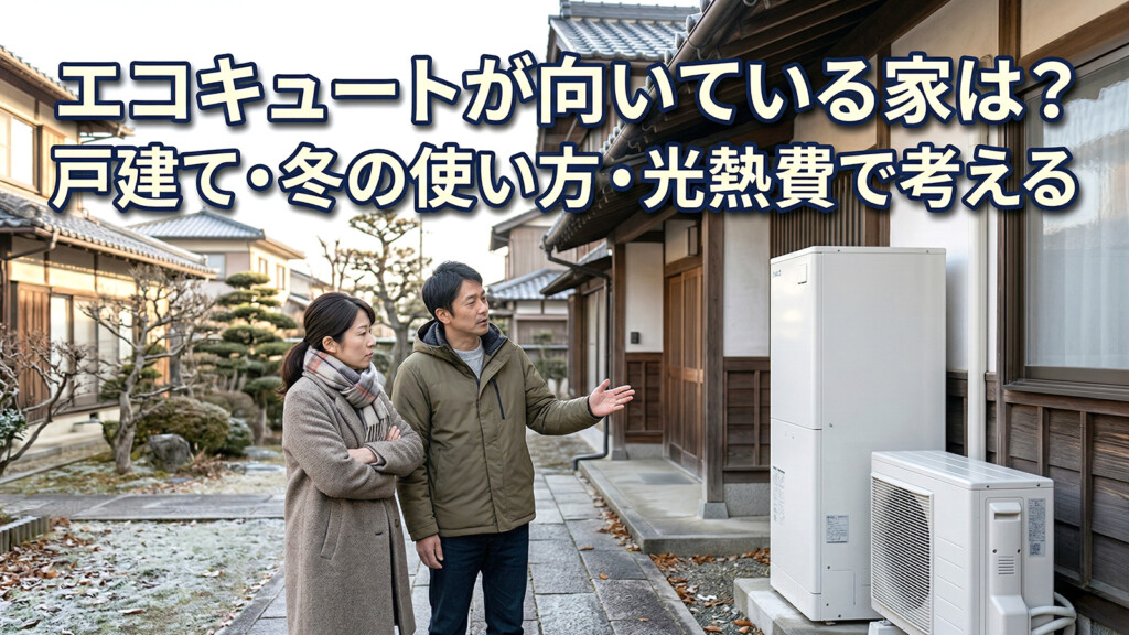 富山県の戸建て住宅で、エコキュートが自宅に向いているかを考えている夫婦を表したアイキャッチ画像