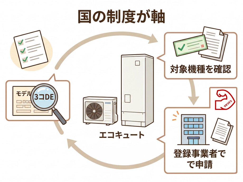 高岡市でエコキュート補助金を考える時に、国の制度を軸に対象機種や登録事業者を確認することを示した説明画像