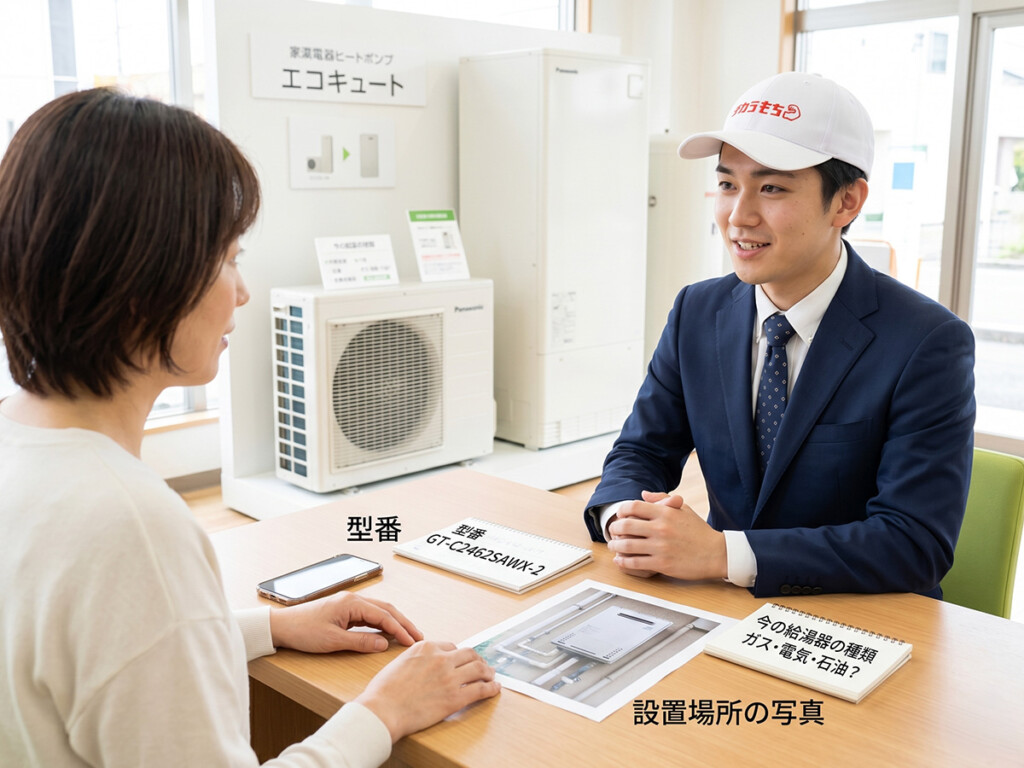 高岡市でエコキュート補助金を相談する前に、型番、今の給湯器の種類、設置場所の写真があると確認しやすいことを示した説明画像