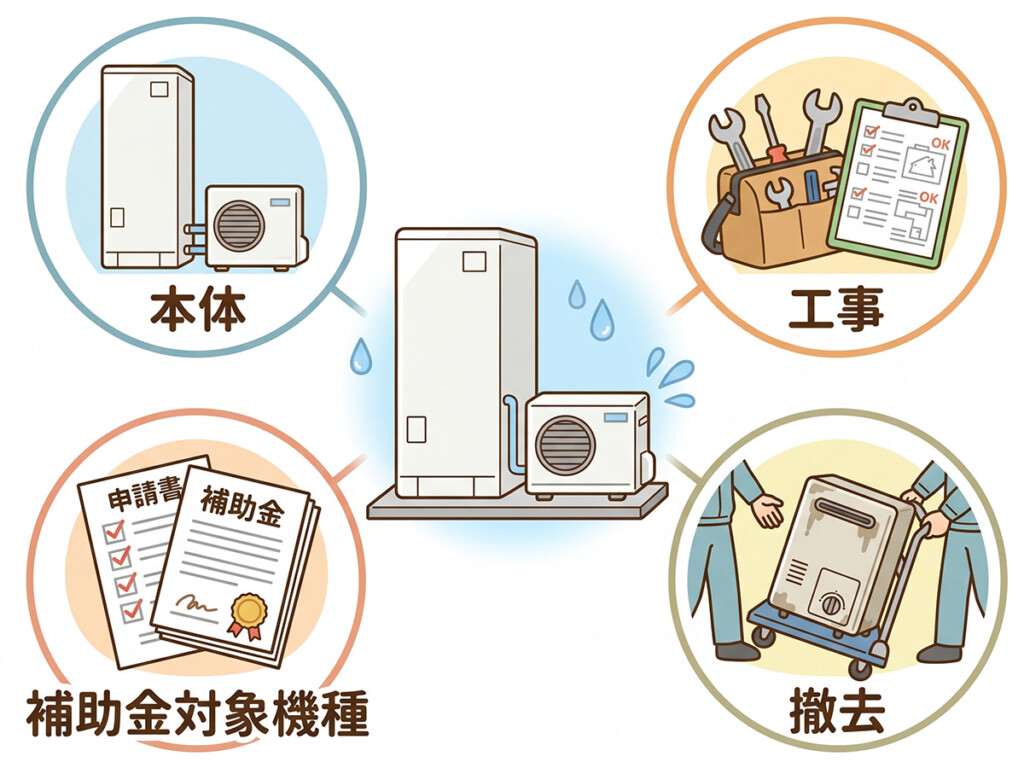 エコキュート交換の費用が本体、工事、撤去、補助金対象機種で変わることを整理した説明画像