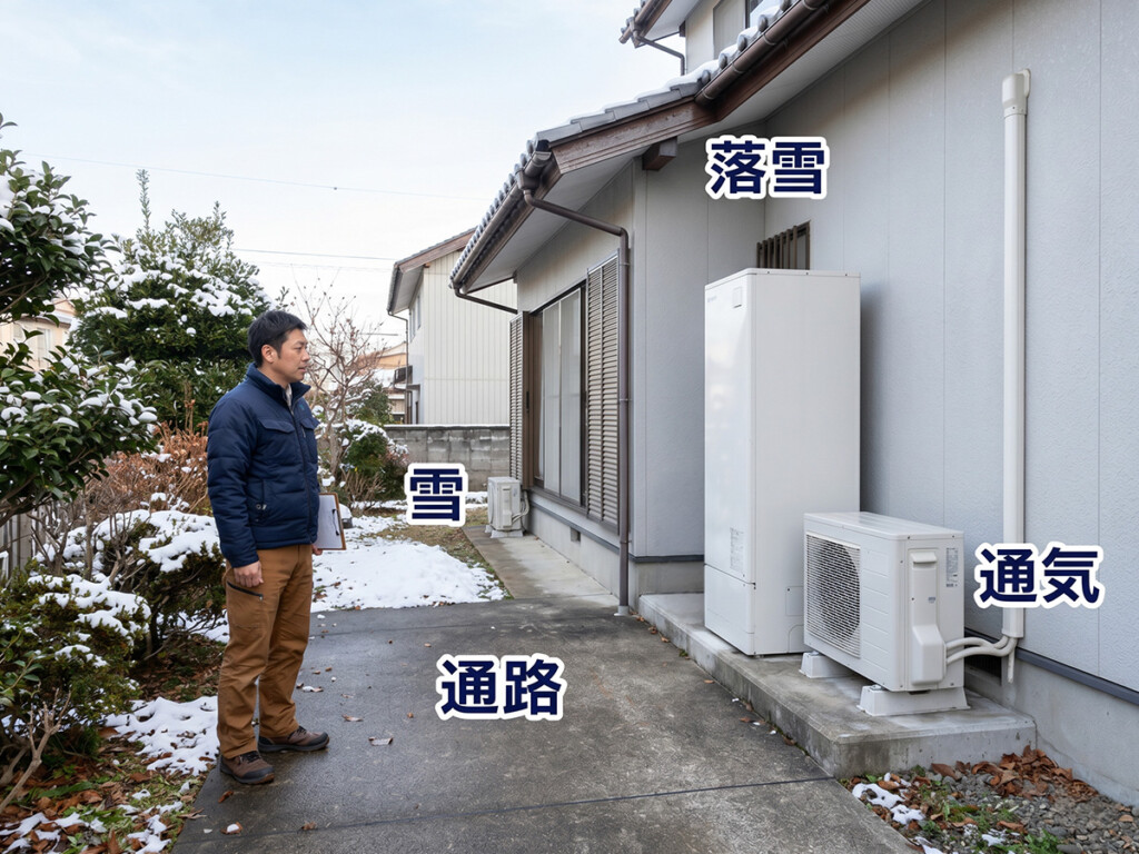 高岡市の戸建て住宅でエコキュート交換前に通路、雪、落雪、通気を確認する必要があることを示した説明画像