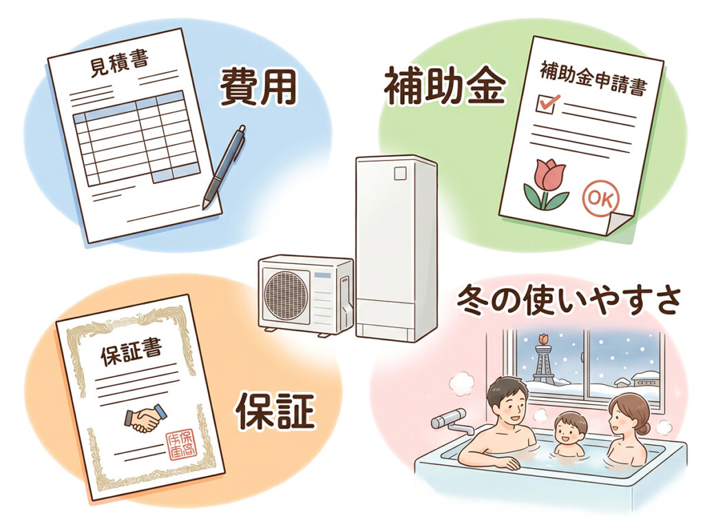 エコキュート交換を費用だけで決めず、補助金、保証、冬の使いやすさも確認することを示した整理画像