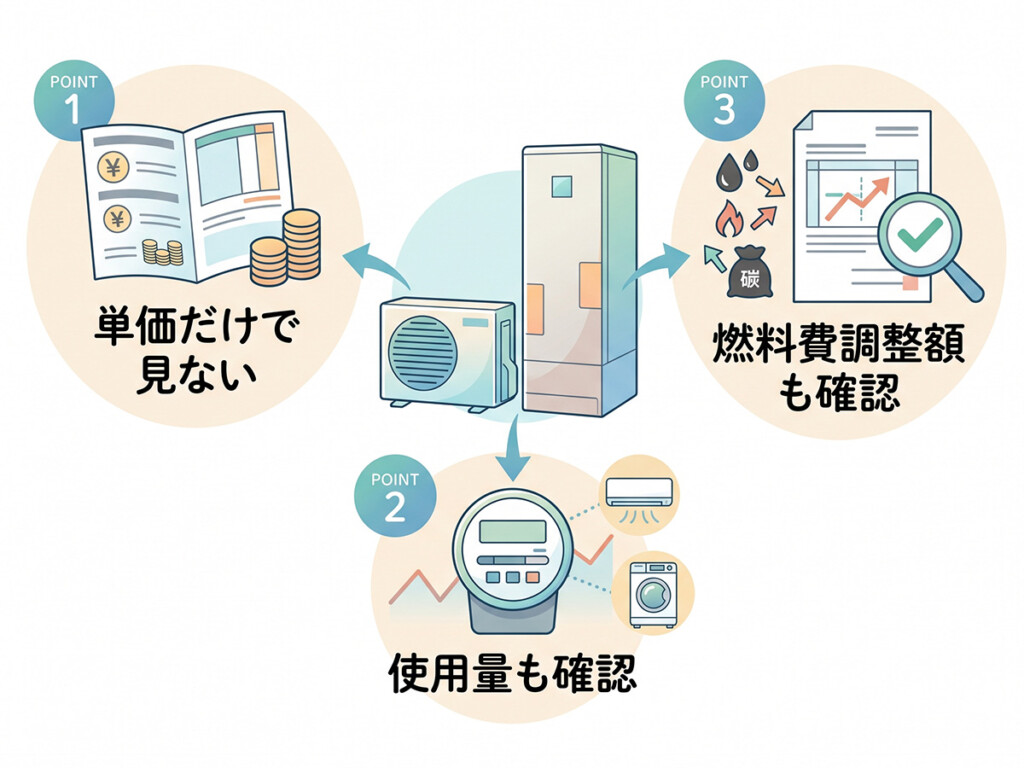 くつろぎナイト12では単価だけでなく使用量や燃料費調整額も確認したいことを示した説明画像