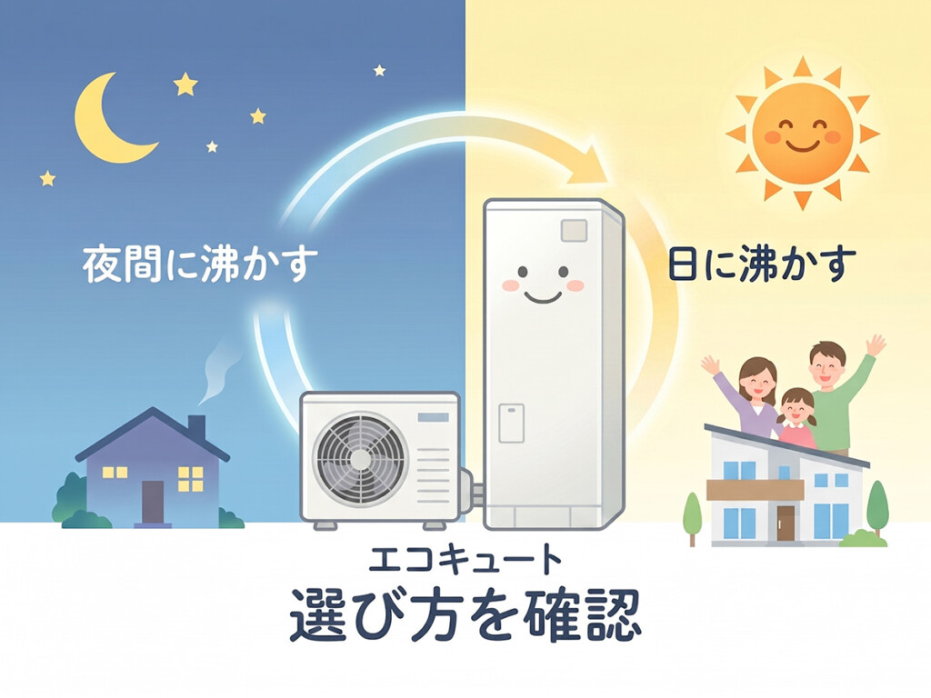 エコキュートの沸き上げを夜間中心にする考え方と昼間へシフトする考え方を比較した説明画像