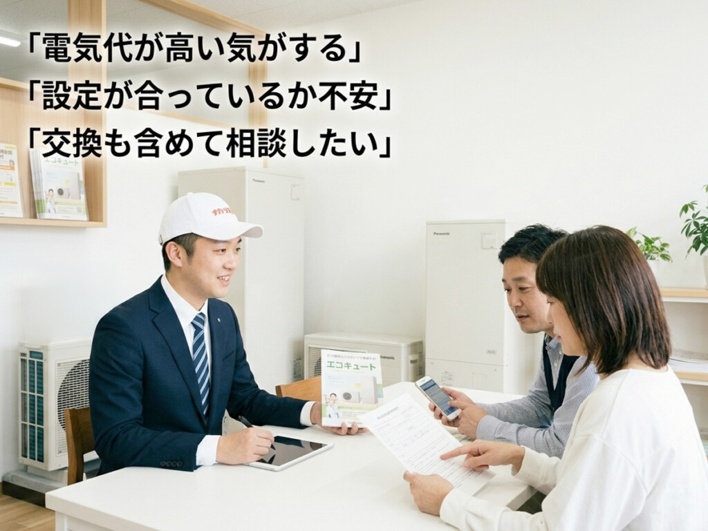 エコキュートの電気代やくつろぎナイト12の使い方についてチカラもち富山店に相談しているイメージ