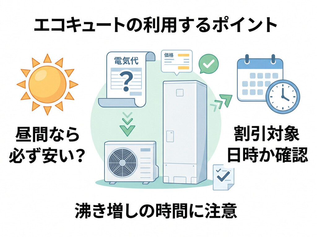 エコキュートの昼間沸き上げは割引対象日時かどうかの確認が大切であることを示した説明画像