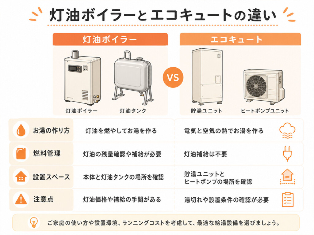 灯油ボイラーとエコキュートの違いを比較した説明画像