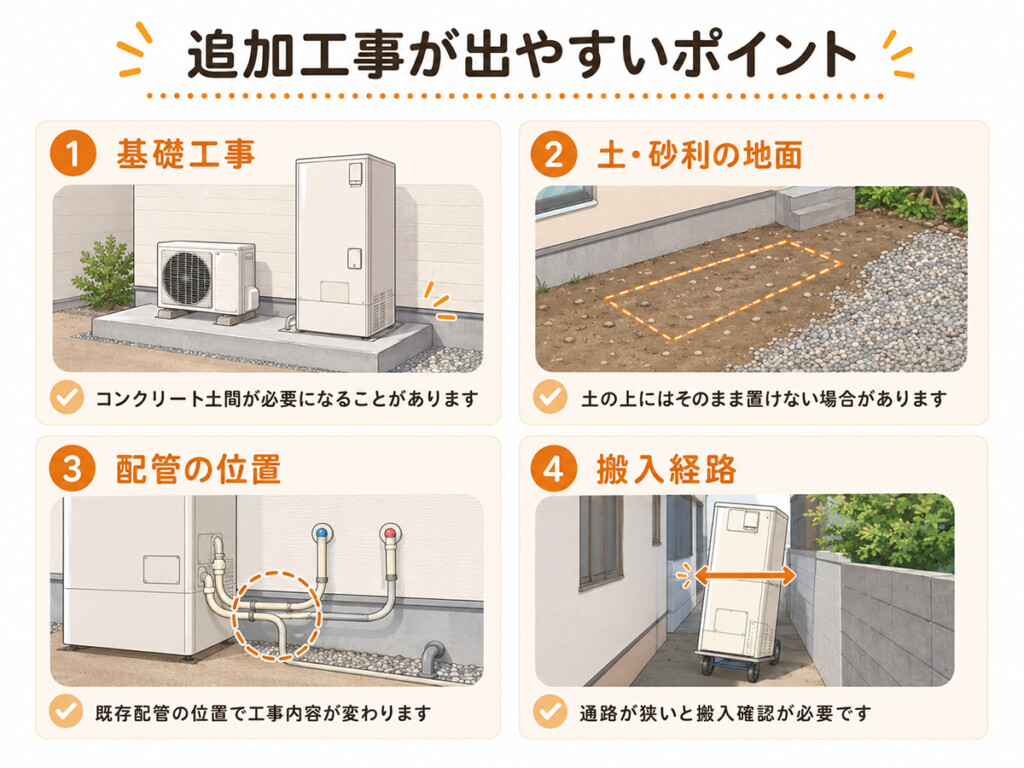 エコキュート交換で基礎工事や搬入経路の確認が必要なことを説明した画像