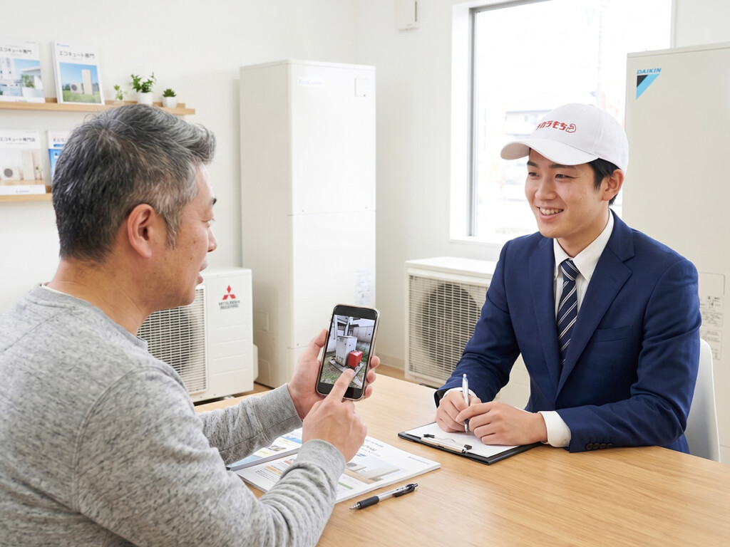 チカラもち富山店スタッフに灯油ボイラーや設置場所の写真を見せて相談しているイメージ