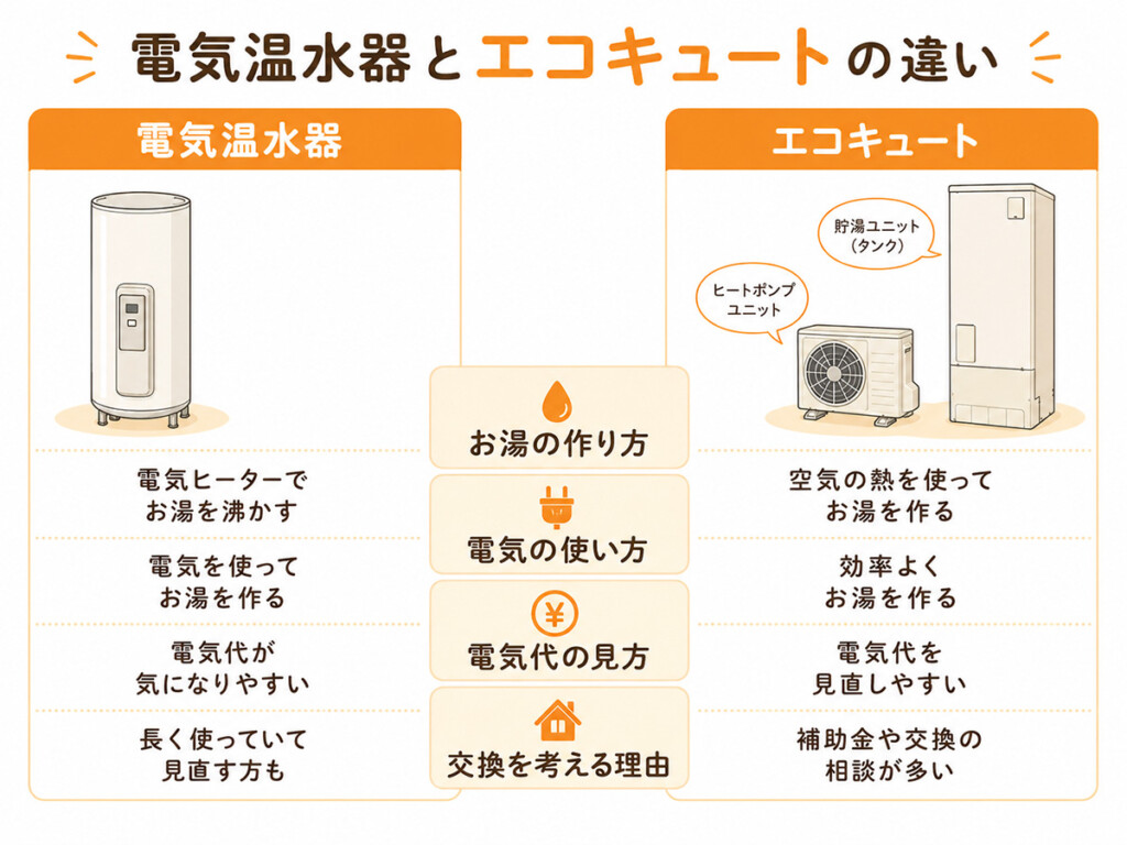 電気温水器とエコキュートのお湯の作り方と電気代の違いを比較した説明画像
