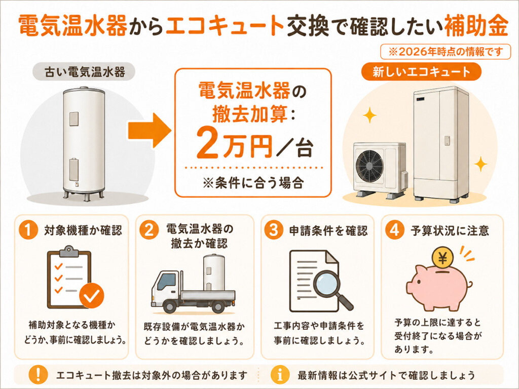 電気温水器からエコキュート交換で確認したい補助金と撤去加算の説明画像