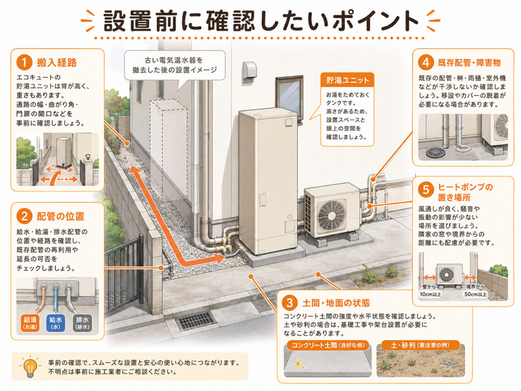 電気温水器からエコキュート交換で設置場所や搬入経路を確認している説明画像