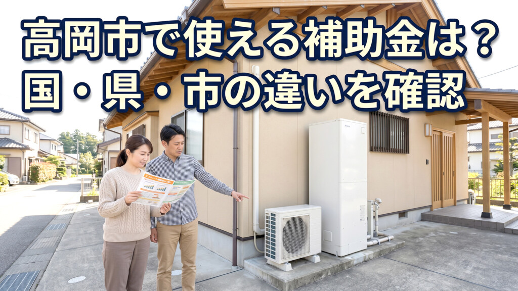 高岡市でエコキュート補助金を調べている夫婦と給湯設備を表したアイキャッチ画像