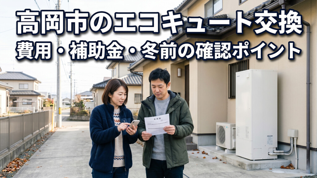 高岡市の戸建て住宅でエコキュート交換の費用や補助金を確認している夫婦を表したアイキャッチ画像