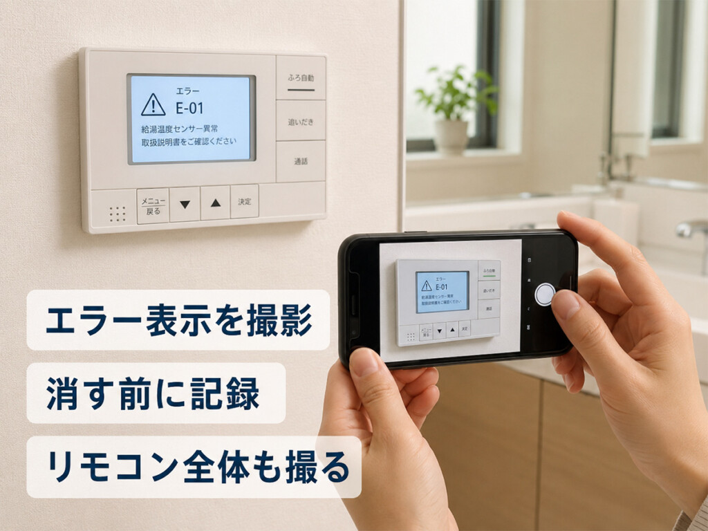 エコキュートのリモコンに表示されたエラーコードをスマートフォンで撮影して記録する説明画像