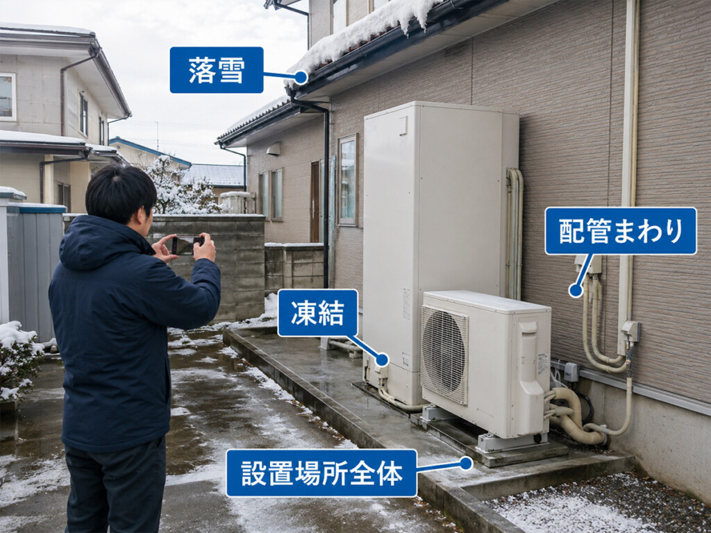 高岡市の冬にエコキュートの凍結や落雪、配管まわり、設置場所全体を確認する説明画像
