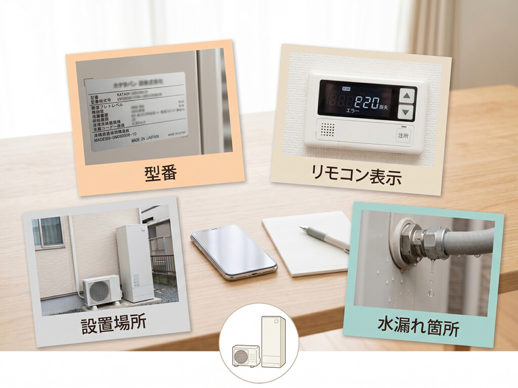 チカラもち富山店へエコキュートの不調を相談する前に、型番やリモコン表示、設置場所、水漏れ箇所の写真を準備する説明画像