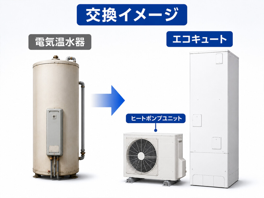 電気温水器からエコキュートへ交換する流れを示した説明画像