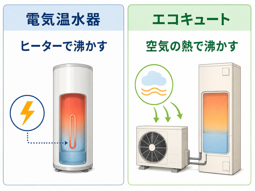 電気温水器とエコキュートの仕組みと電気代の考え方の違いを比較した説明画像