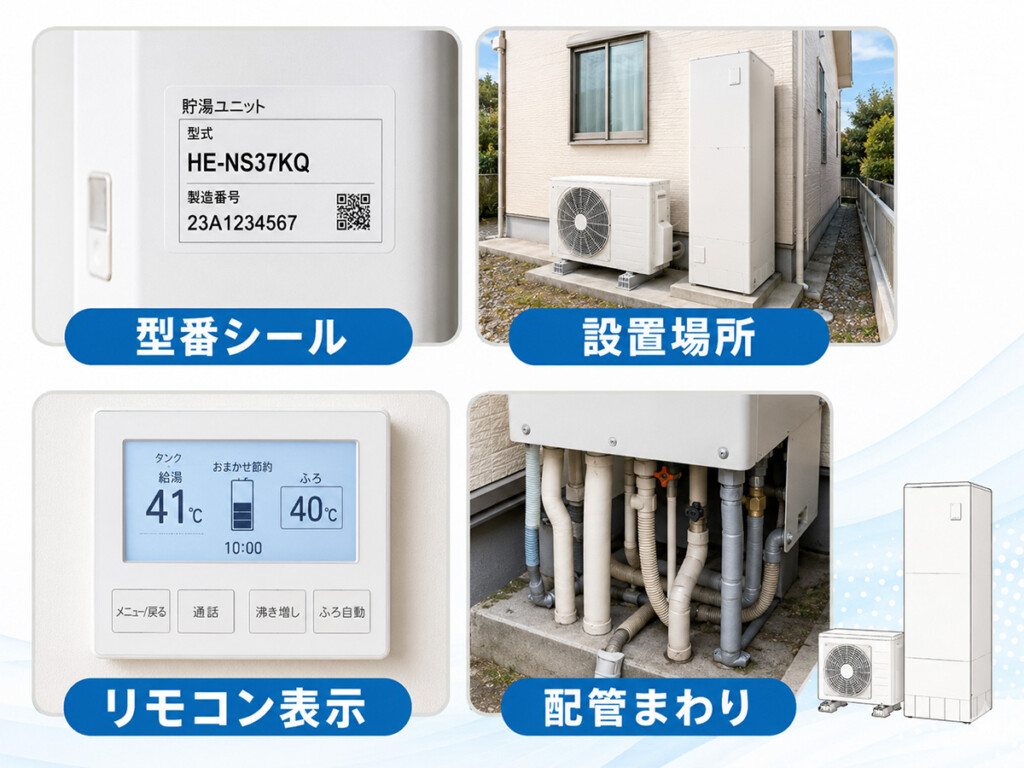 電気温水器からエコキュートへ交換する相談前に型番シールや設置場所やリモコン表示や配管まわりの写真を準備する説明画像