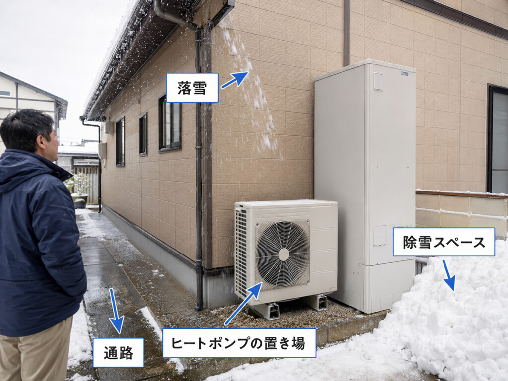 射水市の戸建て住宅でエコキュート交換前に通路や落雪やヒートポンプの置き場や除雪スペースを確認する説明画像