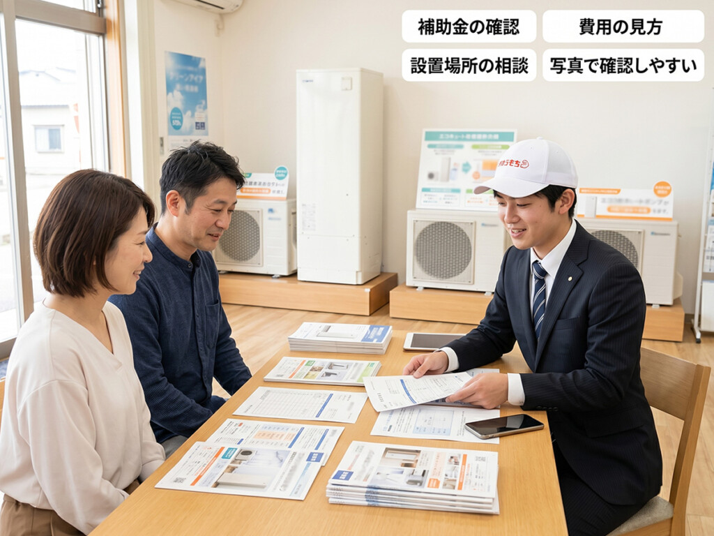 チカラもち富山店の店内で、エコキュート交換前に補助金や費用や設置場所について相談しているイメージ