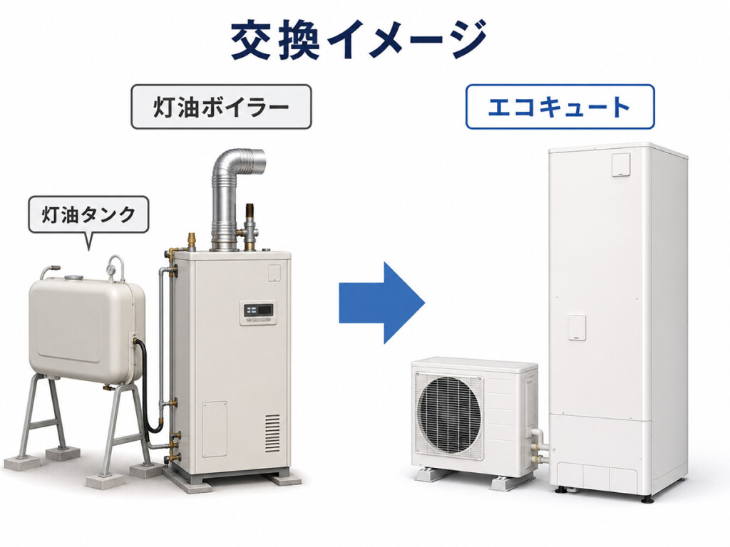 灯油ボイラーからエコキュートへ交換する流れを示した説明画像