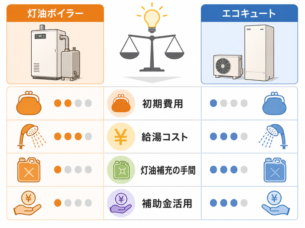 灯油ボイラーからエコキュートへ交換する時の初期費用と給湯コストや灯油補充の手間を比較した説明画像