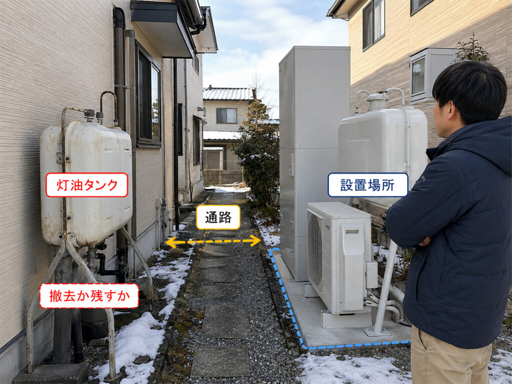 灯油ボイラーからエコキュートへ交換する時に灯油タンクや通路や設置場所を確認する説明画像