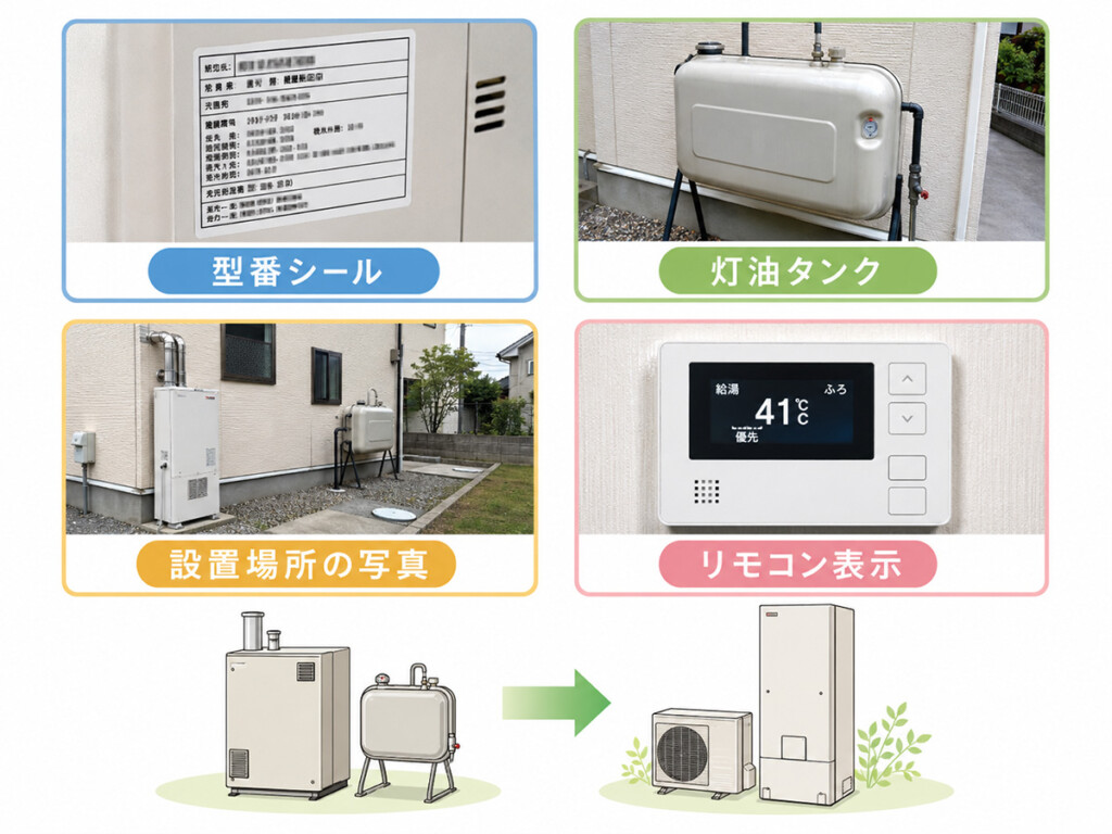 灯油ボイラーからエコキュートへ交換する相談前に型番シールや灯油タンクや設置場所の写真やリモコン表示を準備する説明画像