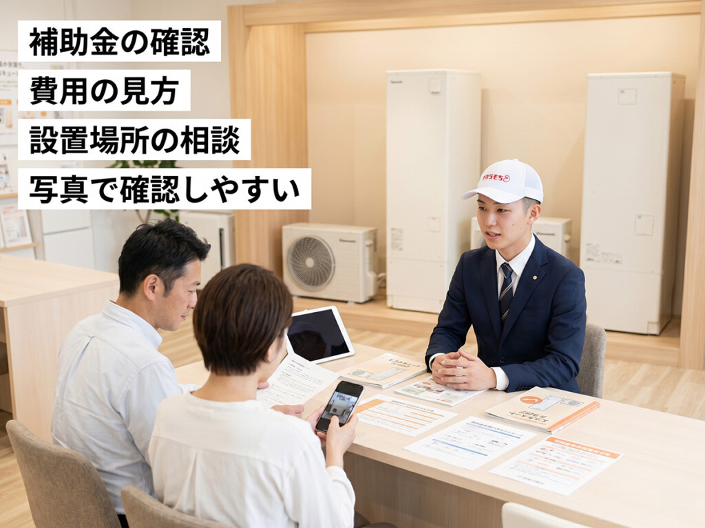 チカラもち富山店の店内で、灯油ボイラーからエコキュートへの交換前に補助金や費用や設置場所について相談しているイメージ