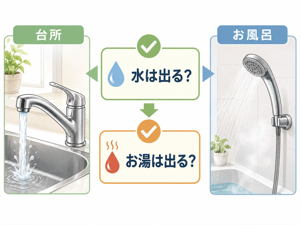 エコキュートで水は出るかお湯だけ出ないかを確認する説明画像
