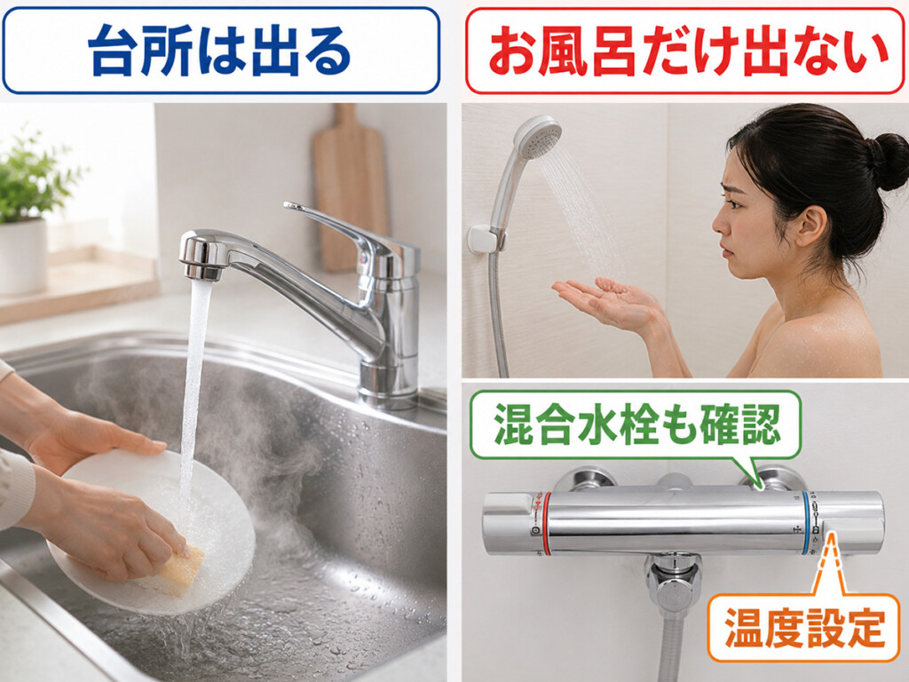 お風呂だけお湯が出ない時に混合水栓や他の蛇口を確認する説明画像
