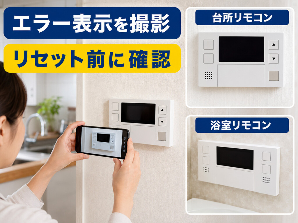エコキュートのリモコンに表示されたエラーコードをスマートフォンで撮影して残す説明画像