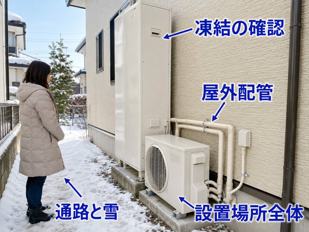 射水市の冬にエコキュートの屋外配管や設置場所や凍結を確認する説明画像